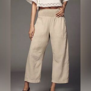 Anthropologie Linen Wide Leg Stretch Tan Barrel Pants XS Boho Festival Cozy Soft